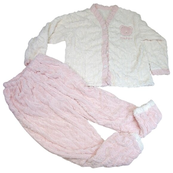 Pajama Lounge Set Soft Pink White Button Top Happy Bear Womens Large New In Bag - Picture 1 of 12
